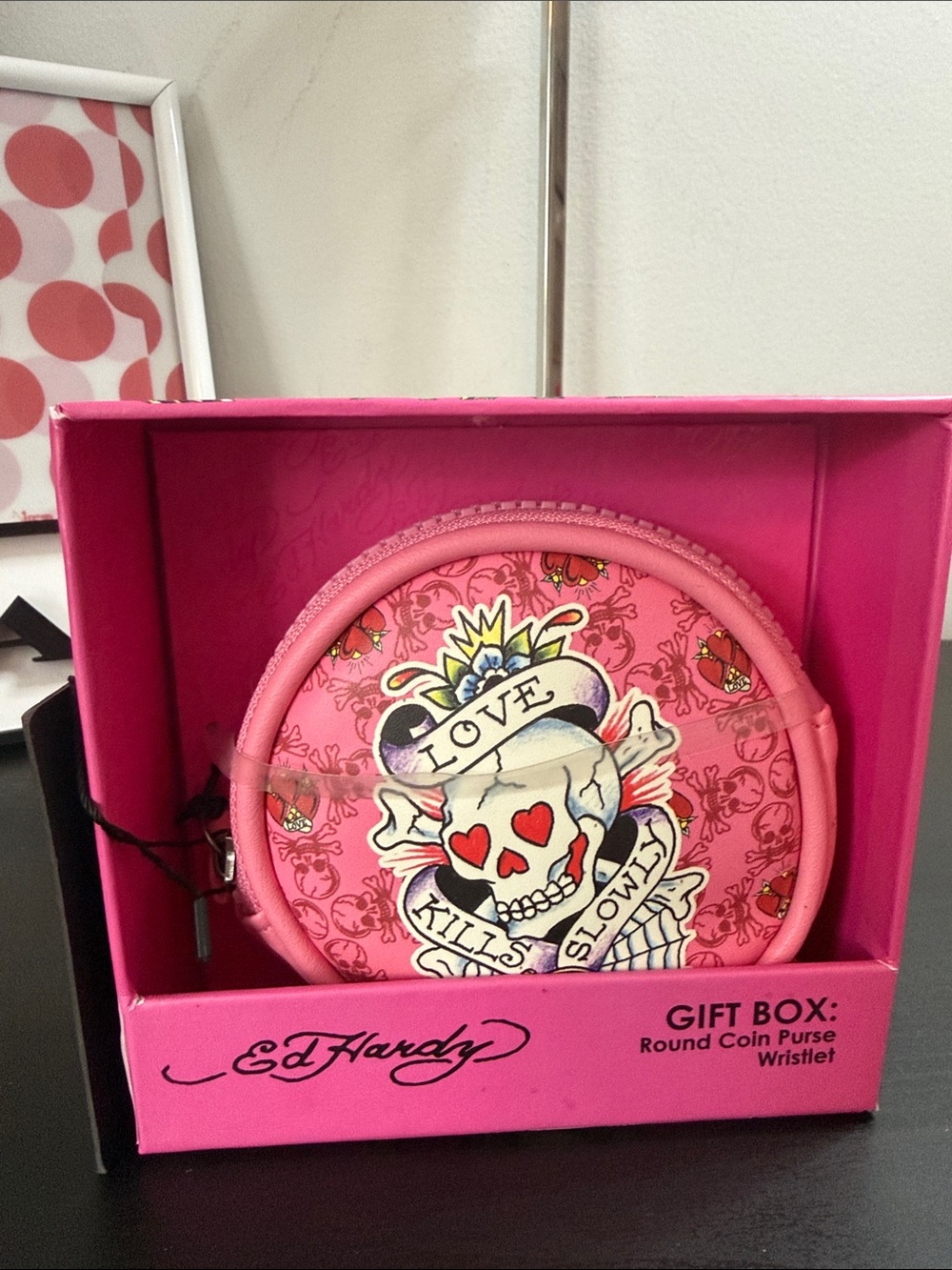 Ed Hardy Pink 'Love Kills Slowly' Round Coin Purse Wristlet